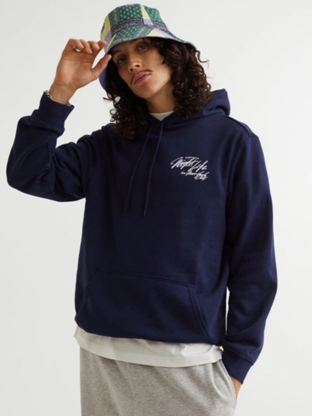 H&M Men’s Printed Hoodie Night Life in New York City Navy Blue